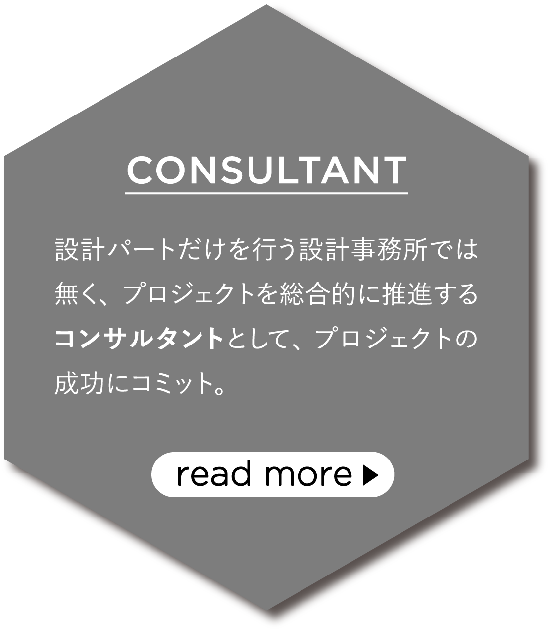 CONSULTANT 設計パートだけを行う設計事務所ではなく、プロジェクトを総合的に推進するコンサルタントとして、プロジェクトの成功にコミット。