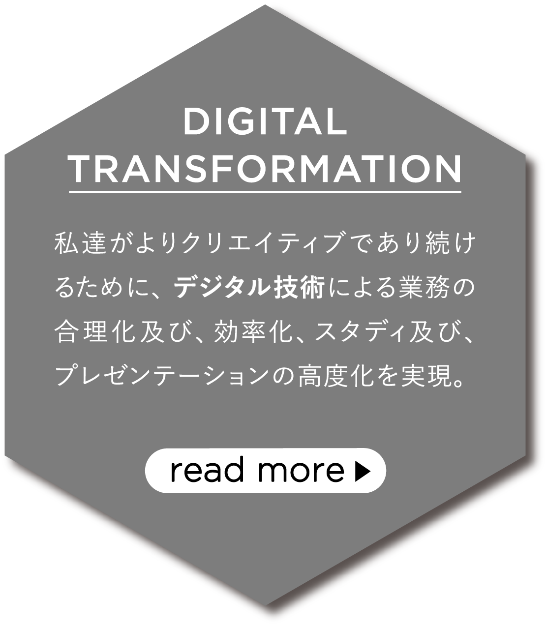 DIGITAL TRANSFORMATION 私たちがよりクリエイティブであり続けるために、デジタル技術による業務の合理化及び、効率化、スタディ及び、プレゼンテーションの高度化を実現。
